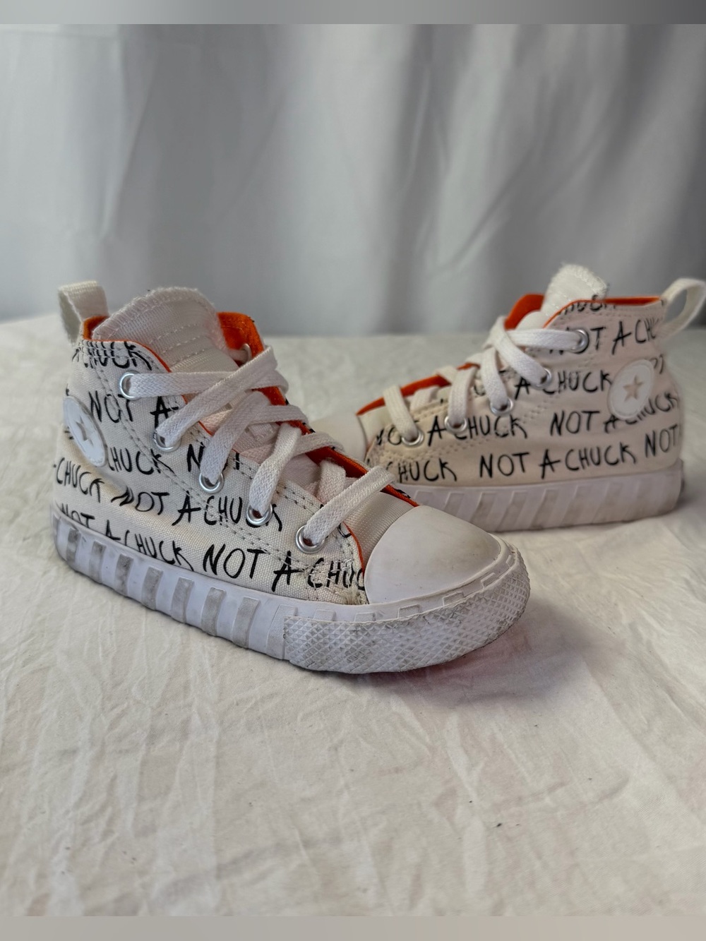 Converse High-Top Toddler sz 8 White & Orange Sneakers - 'Not a Chuck' Graphic